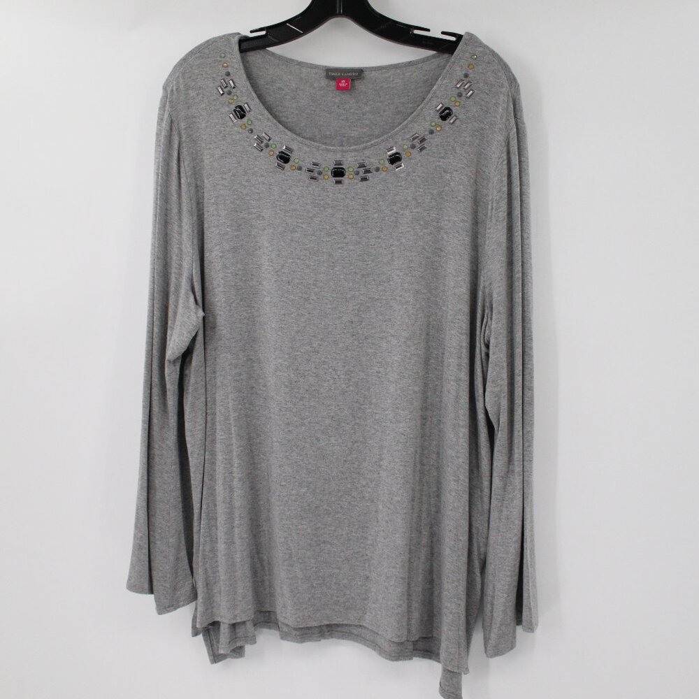 Vince camuto sweater Women's 2x embellished jewel long sleeve gray stretch rayon